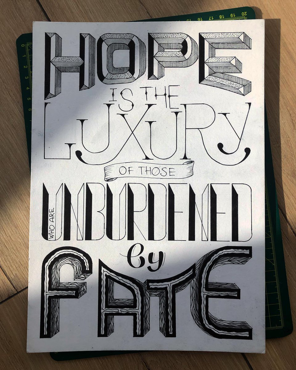 dykuno's tweet photo. Hope is the luxury of those who are unburdened by fate #quoteoftheday #12monkeys
#lettering #letteringart #letters #penandpaper #handdrawn #handdrawntype #handlettering #byme #goodtype  #typographyinspired #typetopia #artoftype #typism #typespire #showusyourtype https://t.co/YTFcDAvtPg