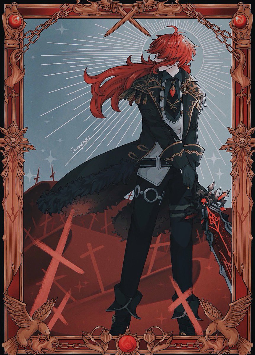 diluc (genshin impact) 1boy male focus red hair long hair weapon sword holding  illustration images