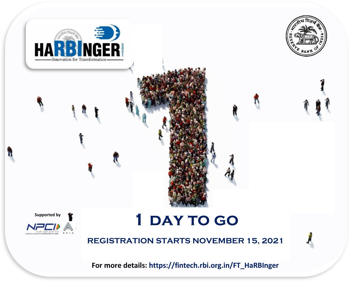 RBI's tweet image. #harbinger2021 - 1 days to go!  #rbihackathon #innovationfortransformation
fintech.rbi.org.in/FT_HaRBInger