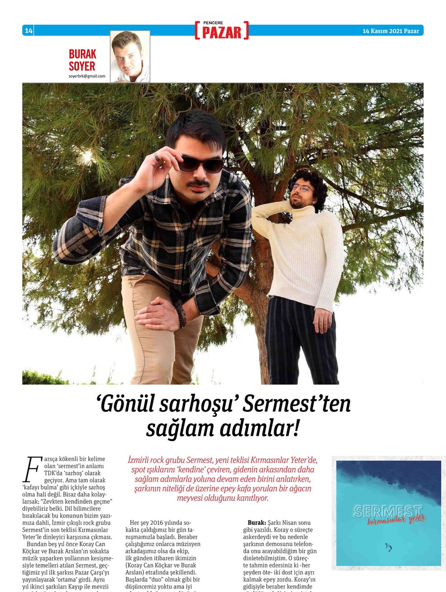 gazetepencere's tweet photo. " 'Gönül sarhoşu' Sermest'ten sağlam adımlar!"

Burak Soyer'in İzmirli rock grubu Sermest ile söyleşisi bugün Gazete Pencere Pazar'da!
 
(Abone olmak için https://t.co/XJ7dgJ2bM8)
#PencerePazar #GazetePencere #BurakSoyer #Sermest https://t.co/HSyjigr764