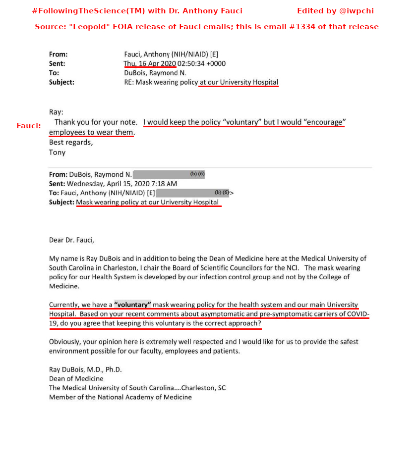 IWPCHI's tweet photo. #TheGreatCoronavirusFraudOf2020: #MaskMagic version. If people are confused about efficacy in stopping viral transmission of #Masks that were never designed to stop viral transmission, there's a source for that: #DrFauci. Here's his advice for hospital admins in mid-April 2020: https://t.co/sn7mD8kbXk