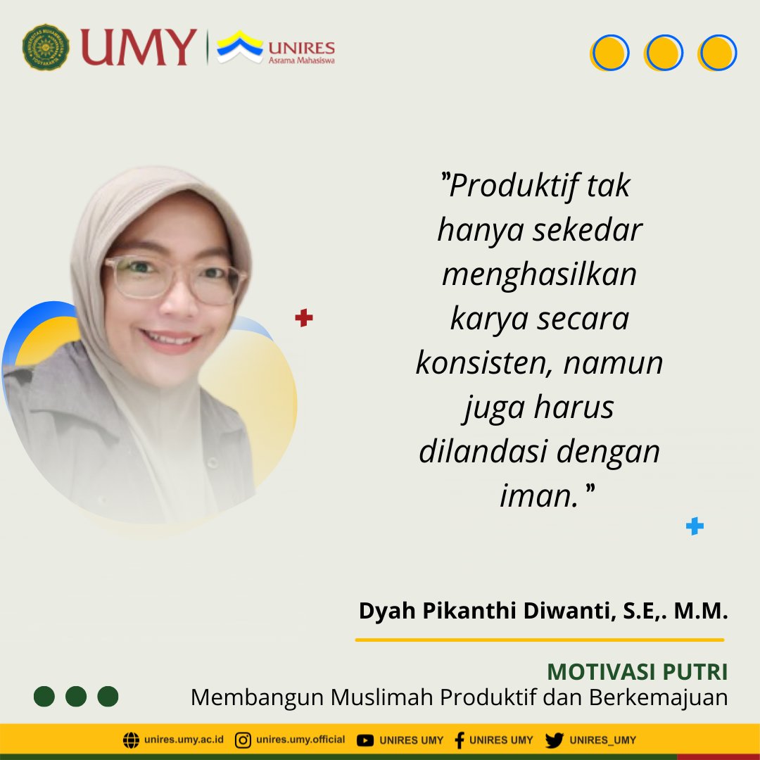 Assalaamualaikum sobat kece🤗
Unires kembali mengadakan motivasi putri dengan mengusung Tema Membangun Muslimah Produktif dan Berkemajuan yang disampaikan oleh Ibu Dyah Pikanthi Diwanti, S.E,. M.M. 
#uniresumy #umyogya #lensamu #muhammadiyah #muslimahproduktif #yogyakarta #dakwah