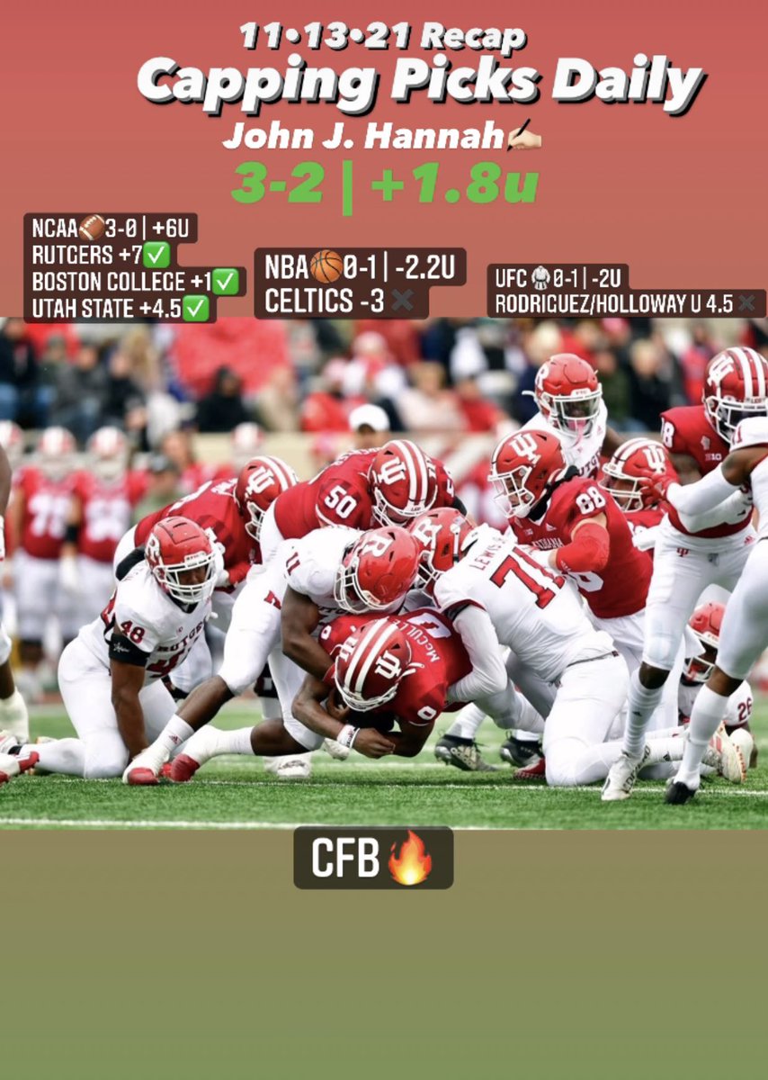 Capping_picks's tweet photo. 11.13.21
#PremiumKeyPicks 
3-2 | +1.8u✅

#CFB continues to roll💰
🧹🧹🧹

#NBA 🏀
No luck on #Celtics (-3)

#UFC The main goes the full 5 rounds for the loss (U 4.5)

Sunday!
#NFL 🏈30-15-2 |+26.1🔥

❤️Goodnight from Las Vegas♠️

#GamblingTwitter #Sports #bettingtips #NFL https://t.co/o1uHe8JJqk