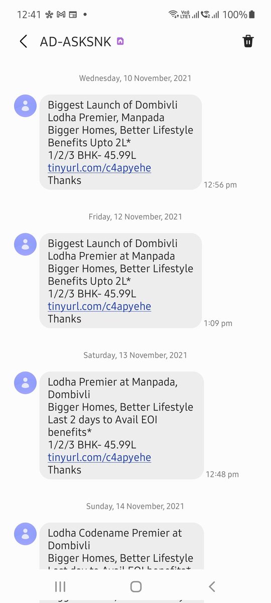 AdvRushil's tweet photo. @TRAI Despite being registered "FULL DND" and raising repeated complaints on TRAI App for these unsolicited promotional messages sent by @LODHA, absolutely no action whatsoever has been taken. These complaints are unilaterally "Closed" stating that these are "Service calls/SMS" https://t.co/UCSKpUHcQP