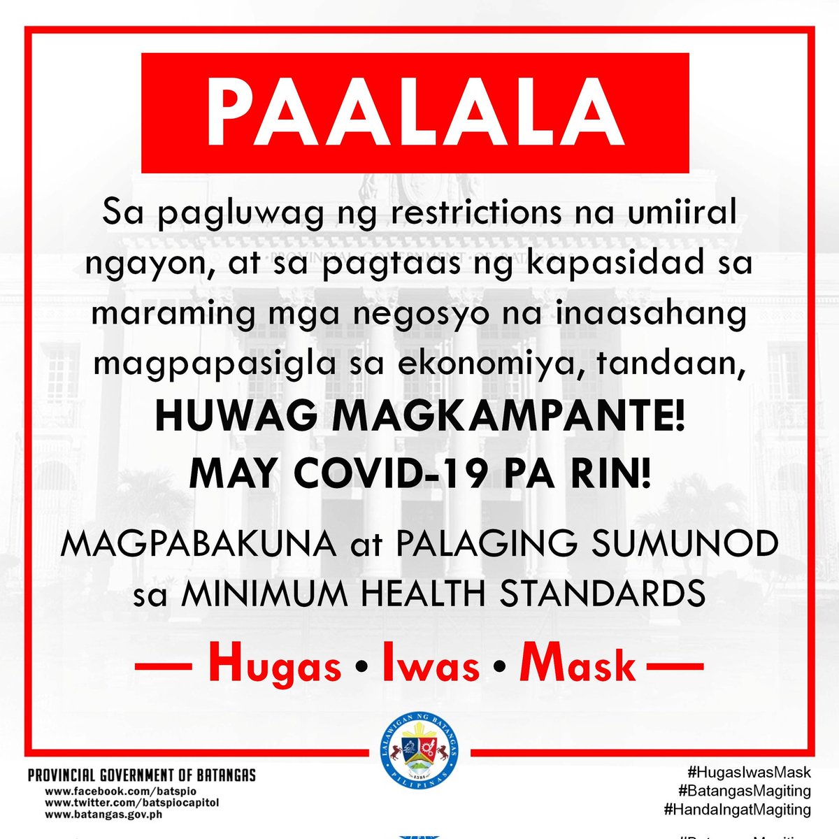 batspiocapitol's tweet photo. Mananatili pa rin sa Alert Level 2 ang Lalawigan ng Batangas hanggang November 30, 2021.
#HugasIwasMask
#BatangasMagiting
Source: https://t.co/kbiAix4TFW
Guidelines for areas under Alert Level 2 (Section 5, pp. 8-10): https://t.co/kxGuEFEgAu https://t.co/fIdjpqEhRc