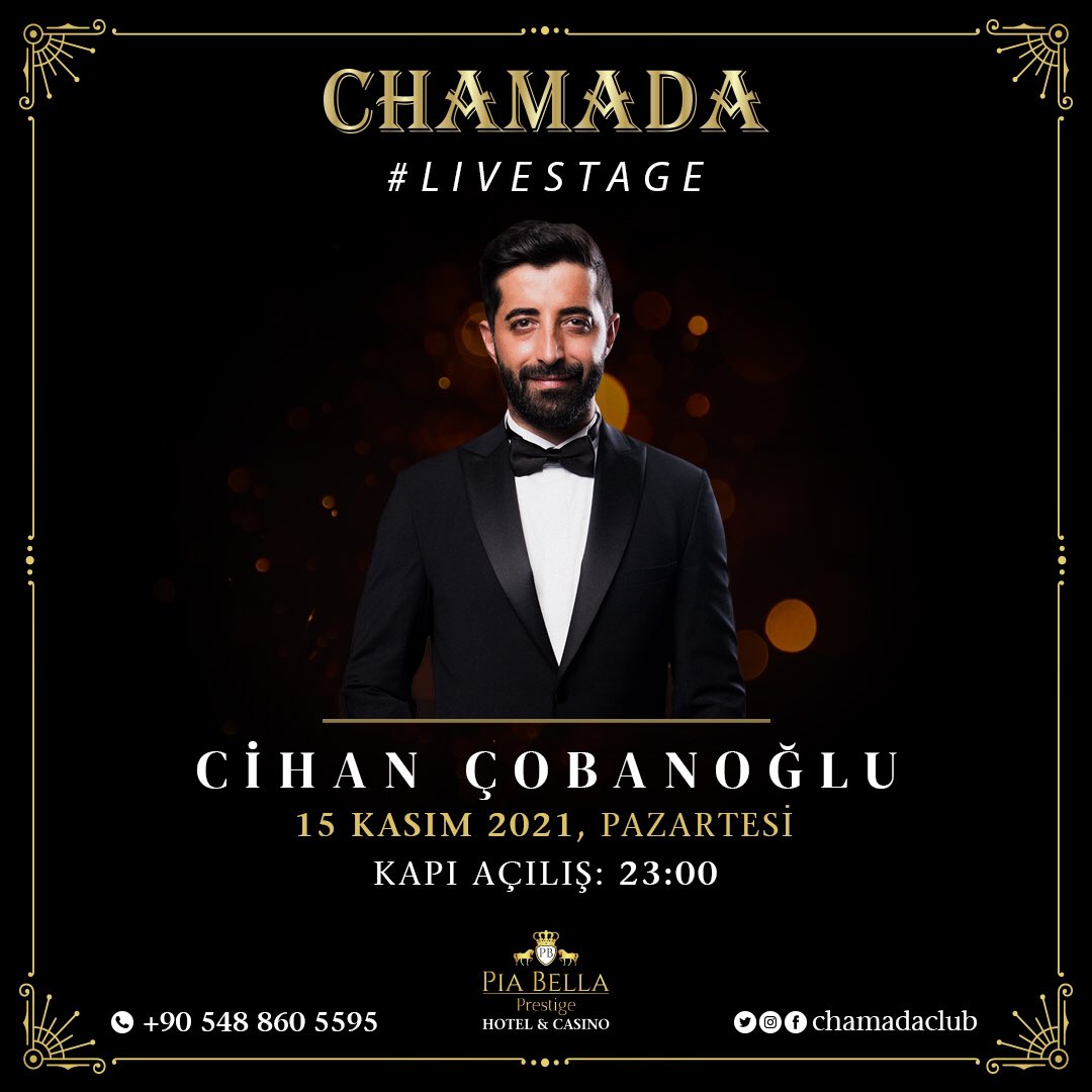 Kuzey Kıbrıs eğlence hayatına yön veren Chamada Club’ta, eşsiz bir canlı müzik eğlencesi sizleri bekliyor, Cihan Çobanoğlu 15 Kasım Pazartesi Chamada Club’ın büyülü atmosferinde sizlerle buluşacaktır.
Bilgi ve Rezervasyonlarınız için: +90 548 860 5595 
#chamada #chamadaclub