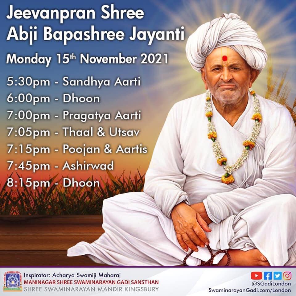 SGadiLondon's tweet photo. Join us for #Jeevanpran Shree #AbjiBapashree #Jayanti on Monday 15th November 2021 at #KingsburyMandir #Lord Shree #Swaminarayan Jeevanpran #AbjiBapashree #ShreeMuktajeevanSwamibapa #AcharyaSwamijiMaharaj https://t.co/iZLA3qBZRe