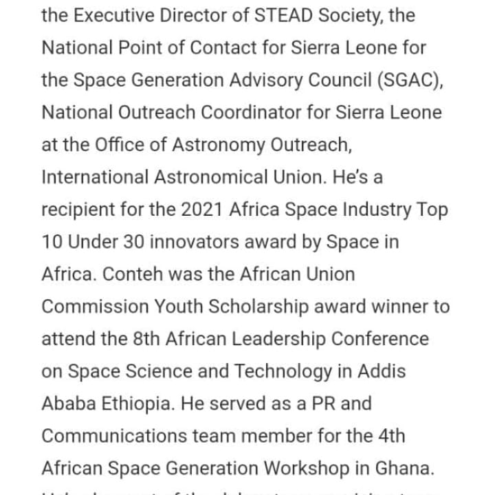 MinCivMecElec01's tweet photo. Hey Fam, we've got good news. Our brother and friend Amb Alimamy Seray Lewis Conteh has received  recognition for African Space Leadership. This award allows him to attend the Fifth African Space Generation Workshop in South Africa. https://t.co/pmSYn0HUVj