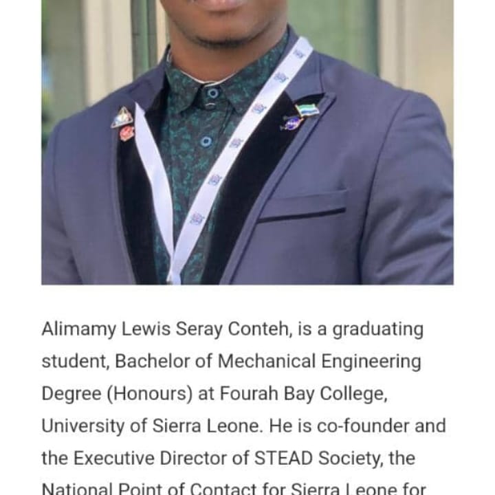 MinCivMecElec01's tweet photo. Hey Fam, we've got good news. Our brother and friend Amb Alimamy Seray Lewis Conteh has received  recognition for African Space Leadership. This award allows him to attend the Fifth African Space Generation Workshop in South Africa. https://t.co/pmSYn0HUVj
