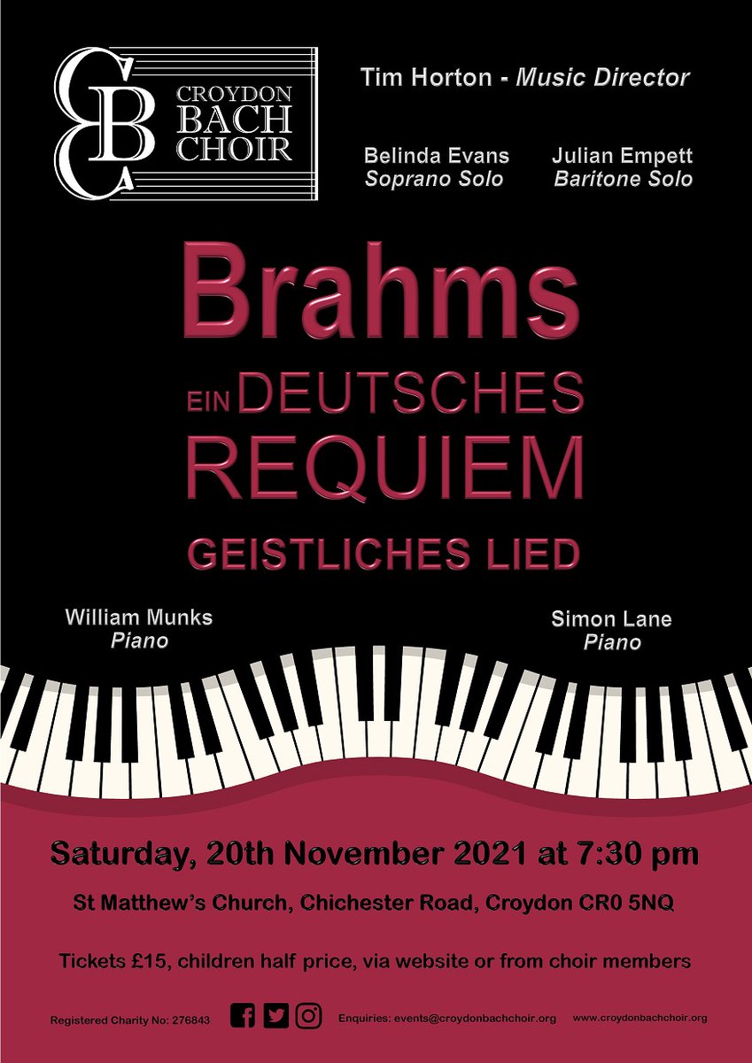 This Saturday, 20 November, 7.30 pm at St Matthew Croydon. We are delighted to be singing a live concert again! Tickets £15.00 in advance only via TicketSource (use link below). Please bring your own interval refreshments. ticketsource.co.uk/croydonbachcho…