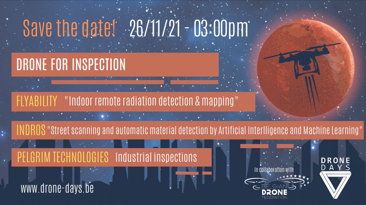 Detection, scanning, inspection... the drone has its role to play!
@fly_ability <a href="/indros/">Cathie</a> <a href="/pelgrim/">Lucas Vieira</a> 

<a href="/DroneDaysBxl/">Drone Days</a> - November, 26 at 03:00pm
Registration : drone-days.be

#inspection #scanning #machinelearning #detection #uas #mapping