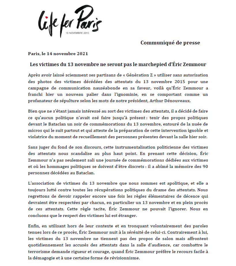 Récupération politique des attentats : les victimes du 13 novembre ne seront pas le marchepied d’Éric Zemmour.