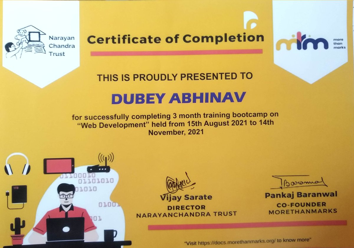 Abhinav__dubey's tweet image. I just Completed My #web_Developing  bootcamp. 
Thank you @NarayanchandraT @pankaj_cic @malpani
@simran_jain_  ,My self-belief will be improved by this award. It also gives me more duties to improve my work. I will guarantee you that I will make more efforts in the future also.