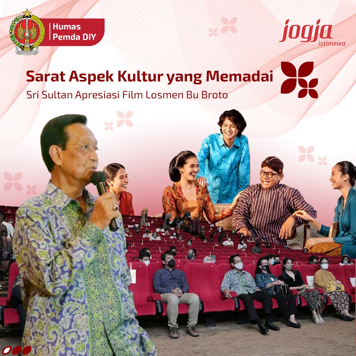 humas_jogja's tweet photo. Gubernur DIY Sri Sultan Hamengku Buwono X mengatakan bahwa dialog egaliter khas masyarakat Jogja merupakan suatu hal yang layak diangkat dalam sebuah cerita film berlatar Jogja.
#GubernurDIY
#SriSultanHBX
#GKRHemas
#JogjaIstimewa
#LosmenBuBroto
#Losmen https://t.co/VzK71nOmBC