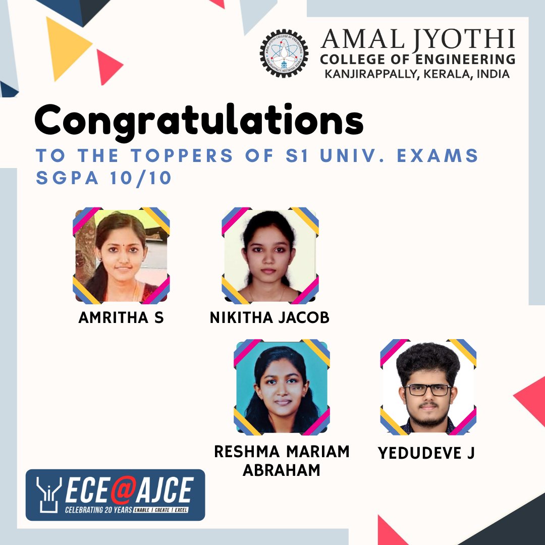 ece_ajce's tweet photo. Congrats to the Toppers of S1 University Exams with SGPA 10/10 .. https://t.co/rZK3trK0Wy