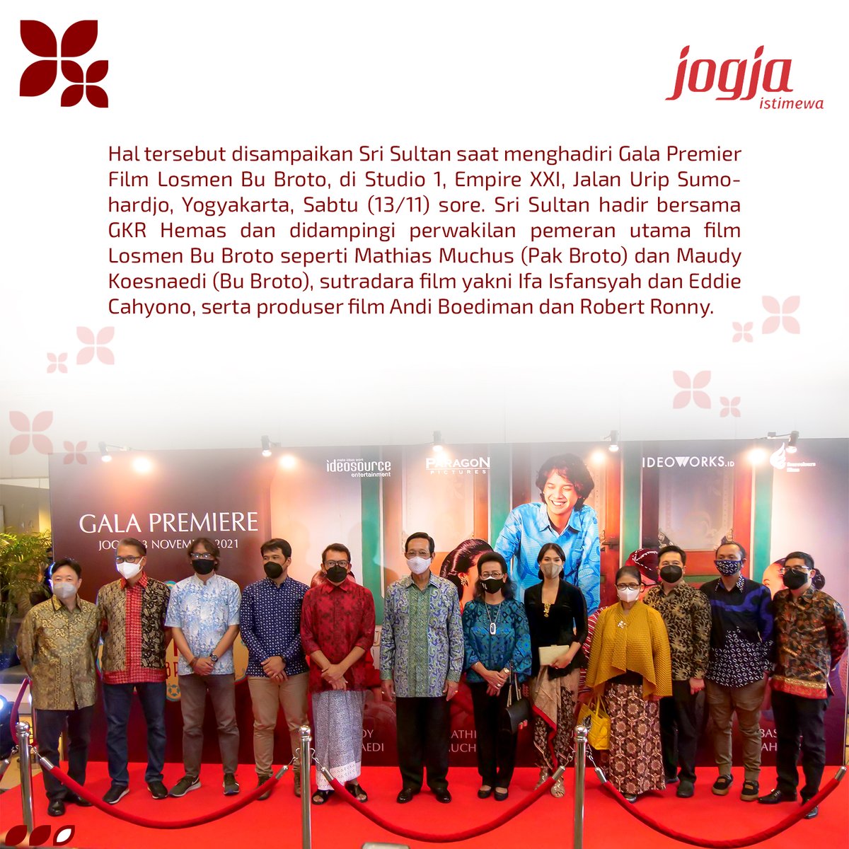 humas_jogja's tweet photo. Hal tersebut disampaikan Sri Sultan saat menghadiri Gala Premier Film Losmen Bu Broto, di Studio 1, Empire XXI, Jalan Urip Sumohardjo, Yogyakarta, Sabtu (13/11) sore.
#GubernurDIY
#SriSultanHBX
#GKRHemas
#JogjaIstimewa
#LosmenBuBroto
#Losmen https://t.co/ToDmSanWbR