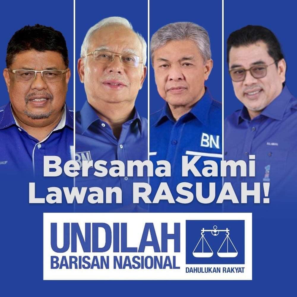 KL_Reporter's tweet photo. Barisan Nasional leaders including Najib Razak making their stand to fight corruption together in a campaign poster for the Melaka state election 🖼net https://t.co/kiqxXiE5pz