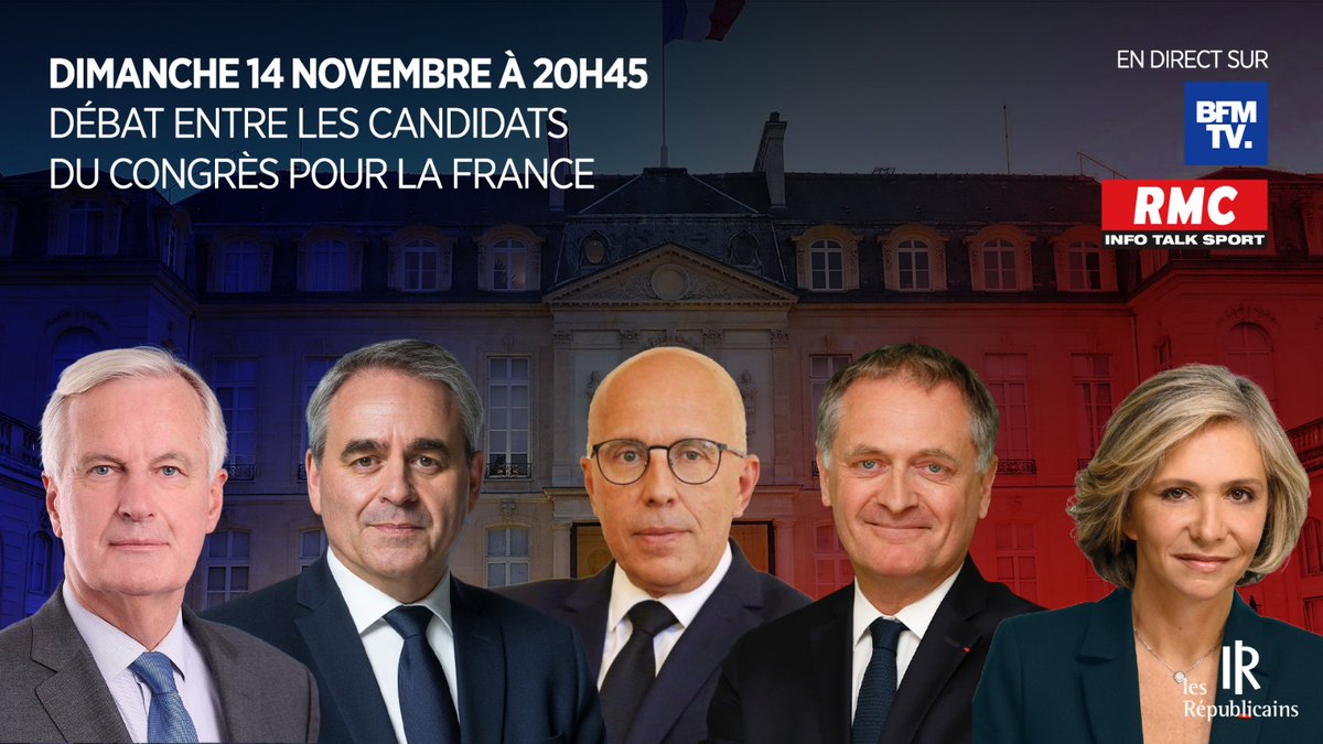 lesRepublicains's tweet photo. 📺 Retrouvons-nous ce soir à 20h45 avec @MichelBarnier, @xavierbertrand, @ECiotti, @philippejuvin et @vpecresse pour le débat des candidats au Congrès organisé par @BFMTV et @RMCinfo ! #CongresLR #DebatDeLaDroite 

🇫🇷 Pour participer au Congrès ➡️  https://t.co/bauFwFeYc4 https://t.co/BwJzGzIaBf