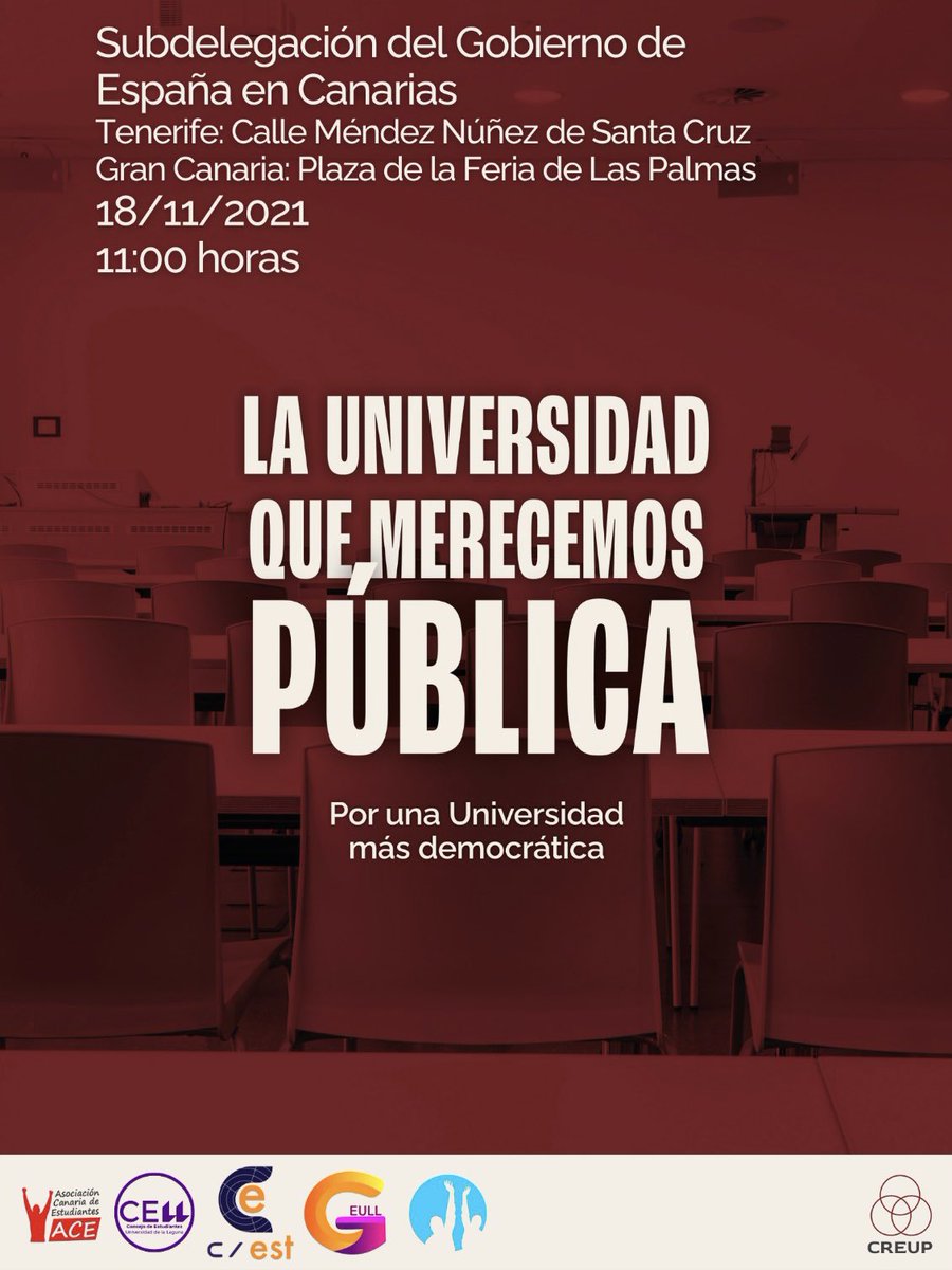 ✊ CONCENTRACIÓN 18 DE NOVIEMBRE ✊

🏛 El Consejo de Estudiantes de la Universidad de Las Palmas de Gran Canaria convoca a toda la comunidad universitaria a realizar una concentración el día 18/11/2021.
Abrimos 🧶