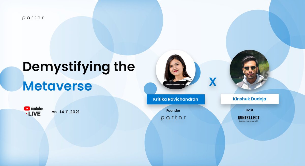 kinshukdudeja's tweet photo. Today is the day! Catch @kriti_ravi97 - Founder, @partnr3  on @AtIntellect's YouTube Channel (https://t.co/mFwfdr27PN) at 18:00 IST where she shares her journey about building @partnr3 - a decentralized marketplace for remote work and decodes the metaverse. https://t.co/X7c5OtspwQ