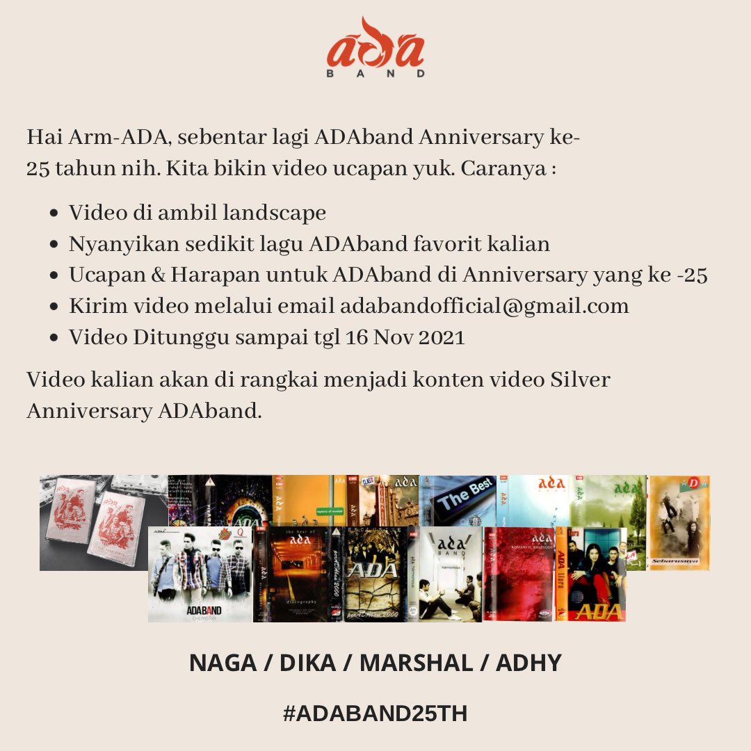 ADABandOfcl's tweet photo. Hai Arm-ADA, sebentar lagi ADAband Anniversary ke -25 tahun nih. Kita bikin video ucapan yuk. Dengan Tagline #ADABAND25TH https://t.co/PCpmFZi4is