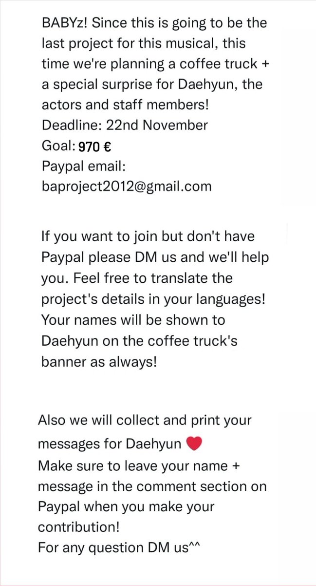 BAProject_'s tweet photo. ❤⭐Daehyun Support Project⭐❤
[PLS RT]
Hello BABYz! This will be our last coffee truck for this musical ㅠㅠ
Please read the details in the picture below and feel free to DM us for any question 😊
Deadline: 22nd November!
#Daehyun #JungDaehyun #메이사의노래 #정대현 #대현 https://t.co/2ao8IdKKM4