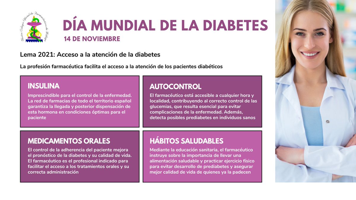 ICOFMA's tweet photo. 📅En este #DíaMundialDeLaDiabetes queremos reafirmar que cien años después del descubrimiento de la #insulina, los #farmacéuticos seguimos trabajando para dar acceso a la atención de la #diabetes. Desde la #Farmacia asesoramos y facilitamos el autocontrol de la enfermedad 👇 https://t.co/xN7zmCfvl7
