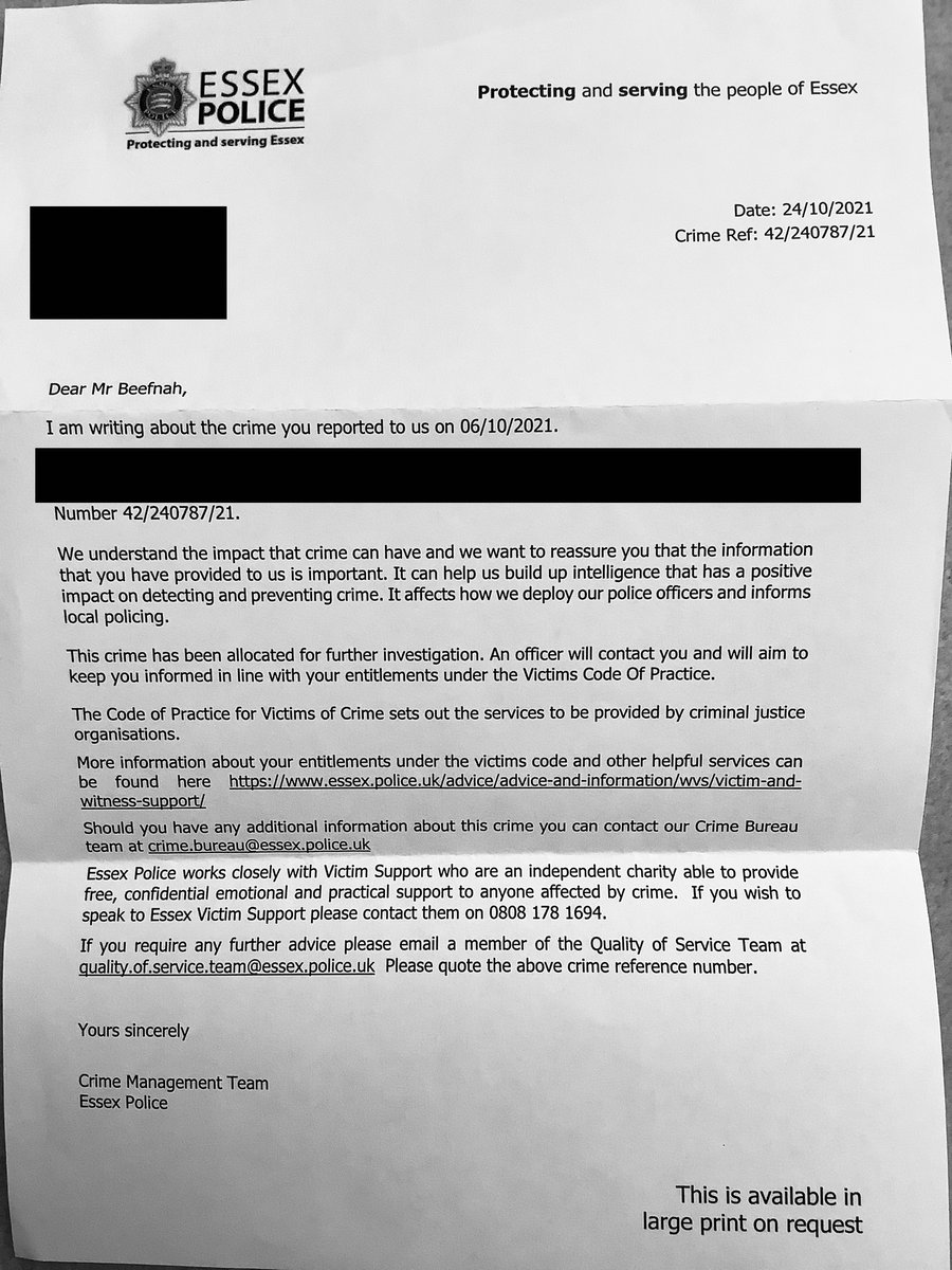 UPDATE
<a href="/EssexPoliceUK/">Essex Police</a> contacted again,
ref. CDS-202216-21-4200-000

OIC will not engage with “p@kis“ force policy by @EPColchester (victims code 3.1) but will intimidate &amp; abuse! <a href="/VictimsComm/">Victims' Commissioner for England & Wales</a>

#Racism &amp; #CORRUPTION backed by <a href="/BJH251/">Chief Constable BJ Harrington QPM - Essex Police</a> <a href="/EssexPFCC/">EssexPFCC</a> <a href="/DCCAndyProphet/">Deputy Chief Constable Andy Prophet</a>
#BlackLivesMatter