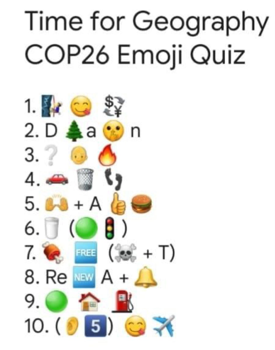 A #COP26  inspired Emoji quiz for you to have a go at today!
Thank you <a href="/timeforgeog/">Time for Geography</a> 
#COP26Glasgow #COP26 <a href="/bradleystokecs/">Bradley Stoke CS</a>