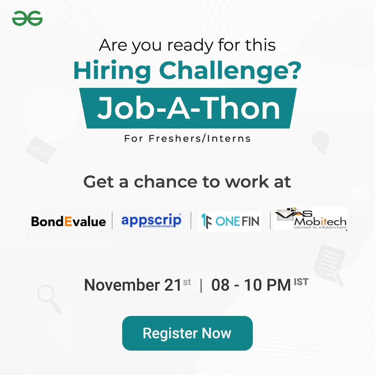 geeksforgeeks's tweet photo. You've got a week to prepare for our monthly #hiring challenge, Job-a-thon!
Started 2 months ago, Job-a-thon is a free-of-cost initiative to provide #jobs to freshers and/or interns.
Apply for this challenge & read the job descriptions here: https://t.co/HZ7dC7a0tx
#hiringnow https://t.co/dO7qpRJa7F
