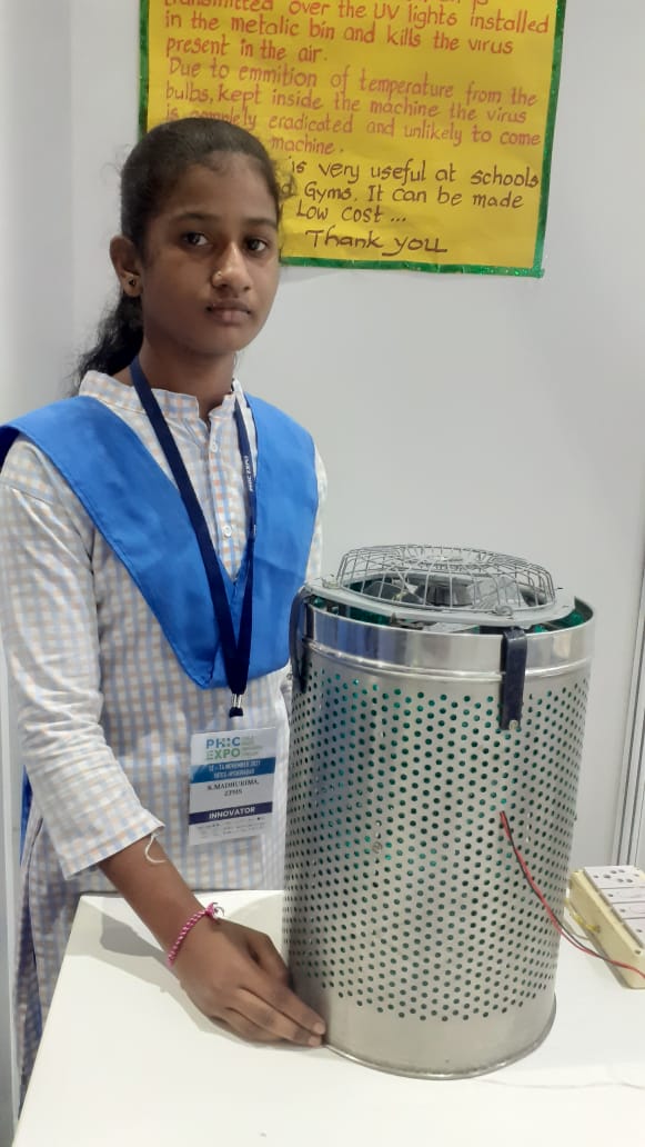 Innovation starts young for Madhurima, Class 9 student from ZPHS,Chandanapur,Ramagiri(M),#Peddapalli. With her Guide &amp; teacher Mr.Sampath Kumar,she built Air sterilization machine to clean 1 cu.m per min, capable of sterilizing a classroom in 5 mins.
@teamTSIC <a href="/WEHubHyderabad/">WE Hub Hyderabad</a>