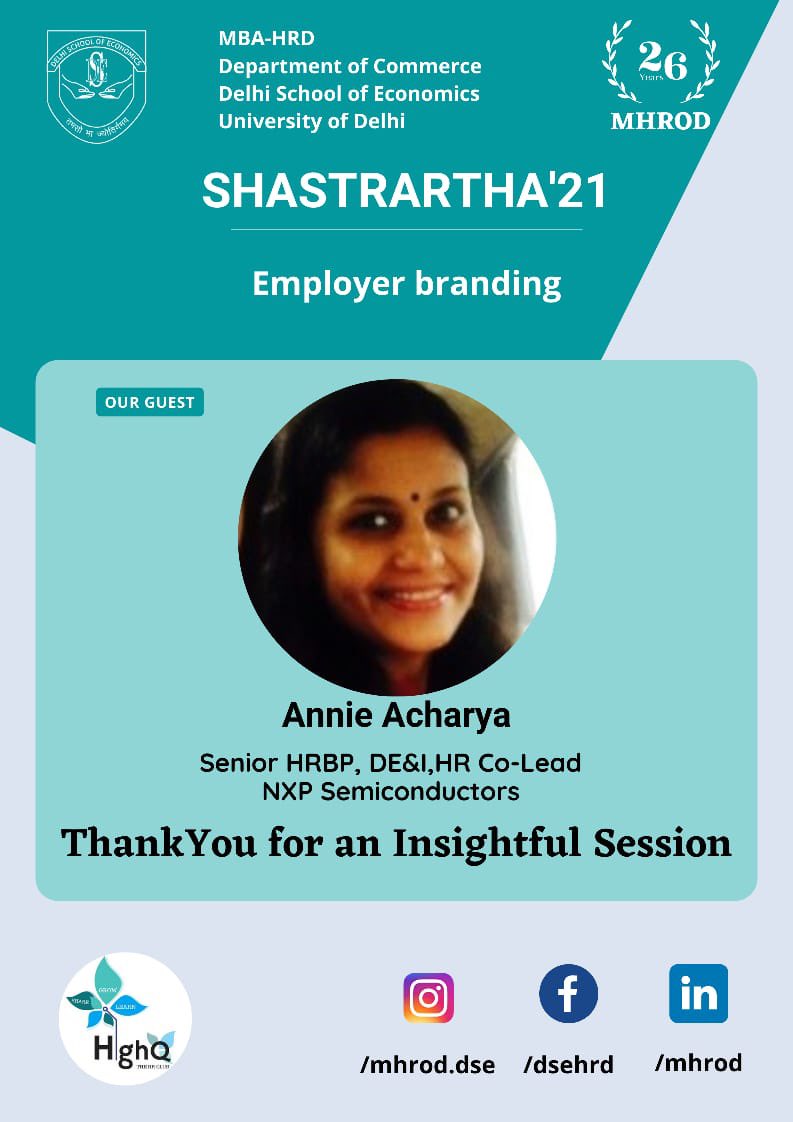 mba_dse's tweet photo. Team HighQ was honoured to host Mrs Annie Acharya, Senior HRBP, DE&amp;I at NXP Semiconductors. We thank her for delivering an insightful and engaging session on the topic- Employer Branding. https://t.co/r1YNsvXFLB