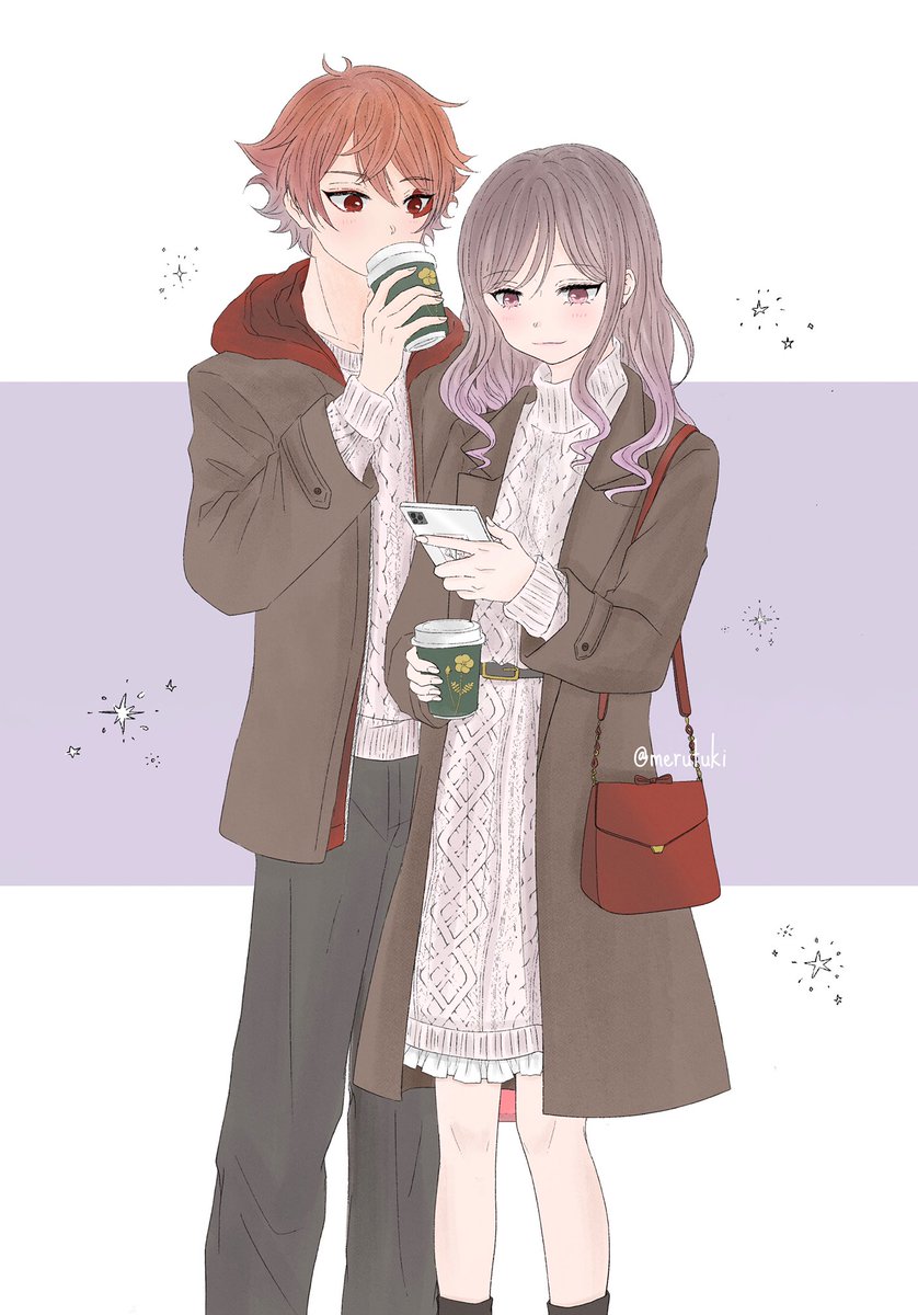 1girl 1boy phone disposable cup cup cellphone coffee cup  illustration images