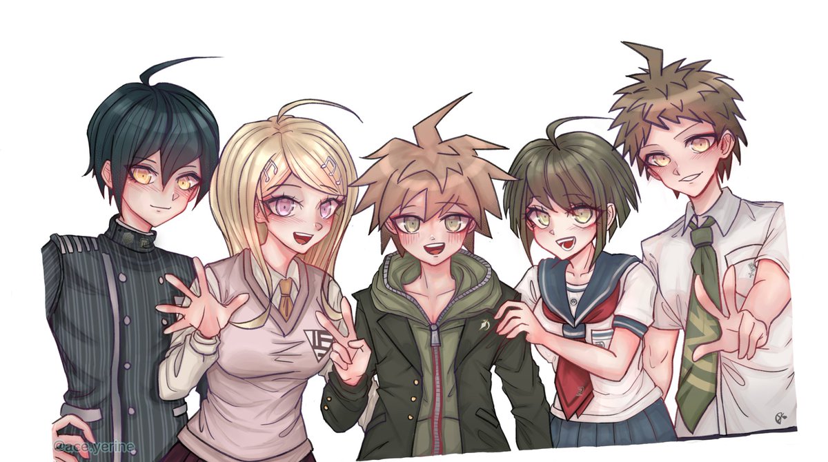 ace_yerine's tweet photo. why did I add the shadow? sorry I was too busy trying to make hajime and shuichi prettier 
honestly the coloring was pretty bad so I had to use that to make it better #danganronpa  #DanganronpaSummercamp #HajimeHinata #MakotoNaegi #KomaruNaegi #ShuichiSaihara #KaedeAkamatsu https://t.co/EQVclkXrxZ