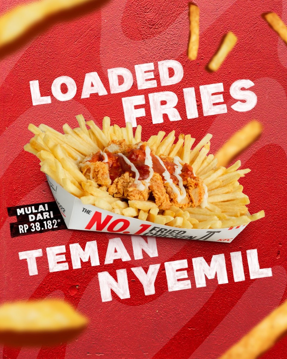 KFCINDONESIA's tweet photo. Nyantai-nyantai di rumah jadi makin sempurna kalau Loaded Fries cemilannya! Isian kentang goreng yang LOADED dan lezatnya chicken strip, dikombinasiin sama saus spesial dan sweet mayo, bikin weekend makin sempurna! Yuk buruan pesen Loaded Fries!
#kfcindonesia #kfcloadedfries https://t.co/M2zBp7IyGm