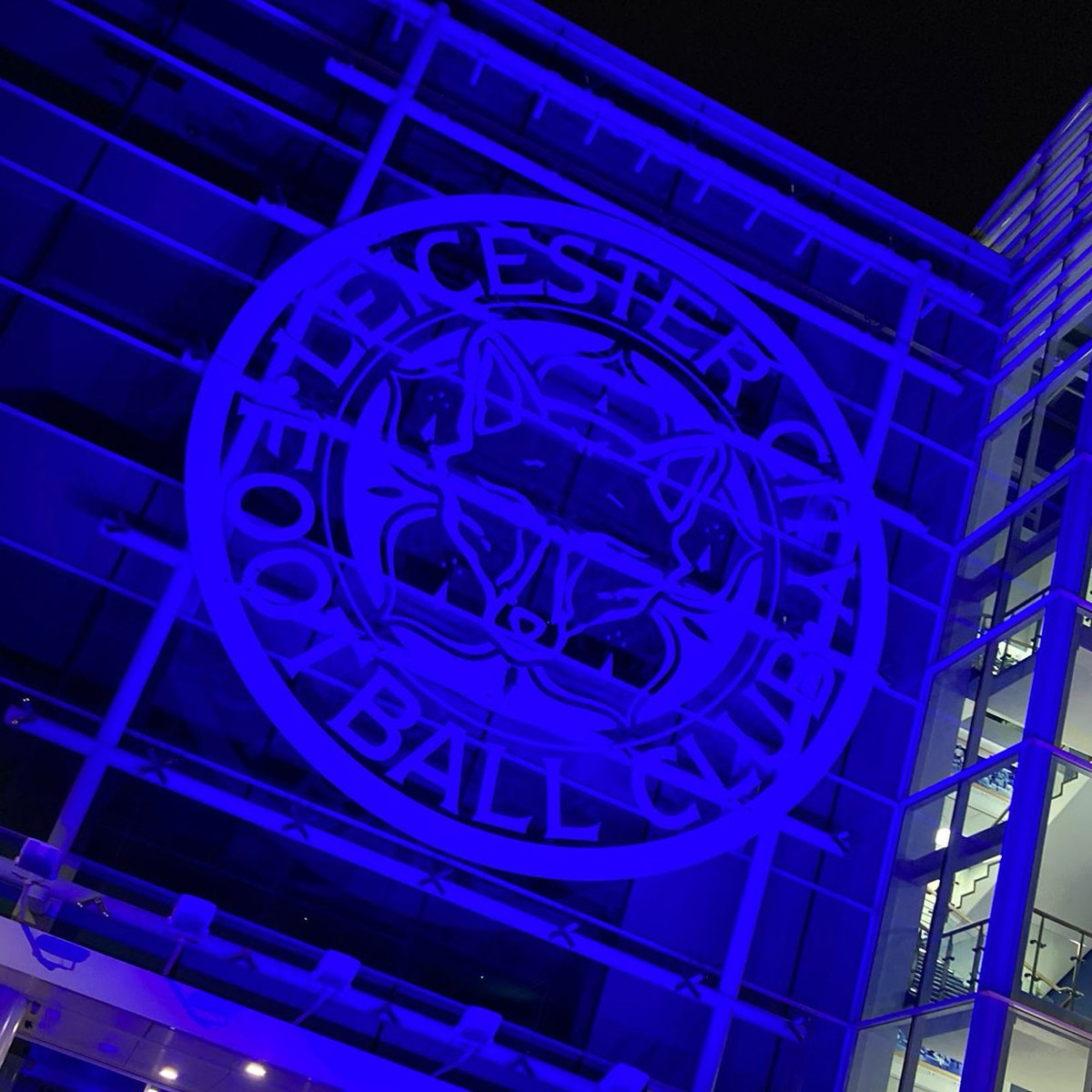 LCFC's tweet photo. As part of the #BlueMonumentChallenge, King Power Stadium is lit up blue today for #WorldDiabetesDay 🔵 https://t.co/4R7QYNl5rf
