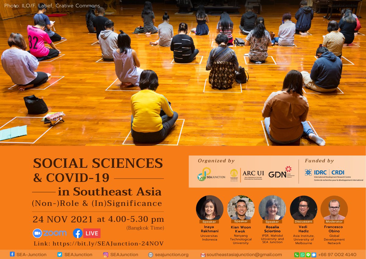 To what extent have #SocialSciences and scientists been involved in national/regional #COVID19 responses to address the #pandemic's multi-faceted effects?

Join our event on 24 Nov at 4.30-5.00 pm via Zoom (Link: bit.ly/SEAJunction-24…) &amp; FB Live <a href="/ui_asiarc/">ARC UI</a> <a href="/GDNint/">Global Development Network</a>