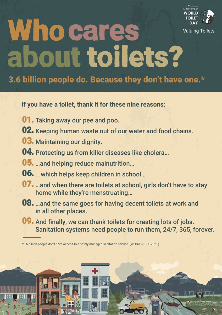 SustDev's tweet photo. Life without a toilet is dirty, dangerous and undignified. 

Every day, over 700 children under five years old die from diarrhoea linked to unsafe water, sanitation and poor hygiene.

🚽Toilets for all by 2030. 
#WorldToiletDay

https://t.co/PDwK9p6Ooc https://t.co/14OU4U2okx