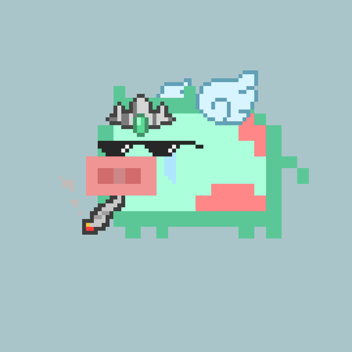 AngryPo42928281's tweet photo. generative art be like 
me: aite algorithm show me what u got
my algo: [thinks in python]
my algo: here's a flying pig wearing a tiara livin' the thug life smokin' a joint. she cryin too.

https://t.co/G7XqENu9wl

#nft #nfts #nftcollector #nftcommunity #generativeart #pixelart https://t.co/yjctjZDMvP