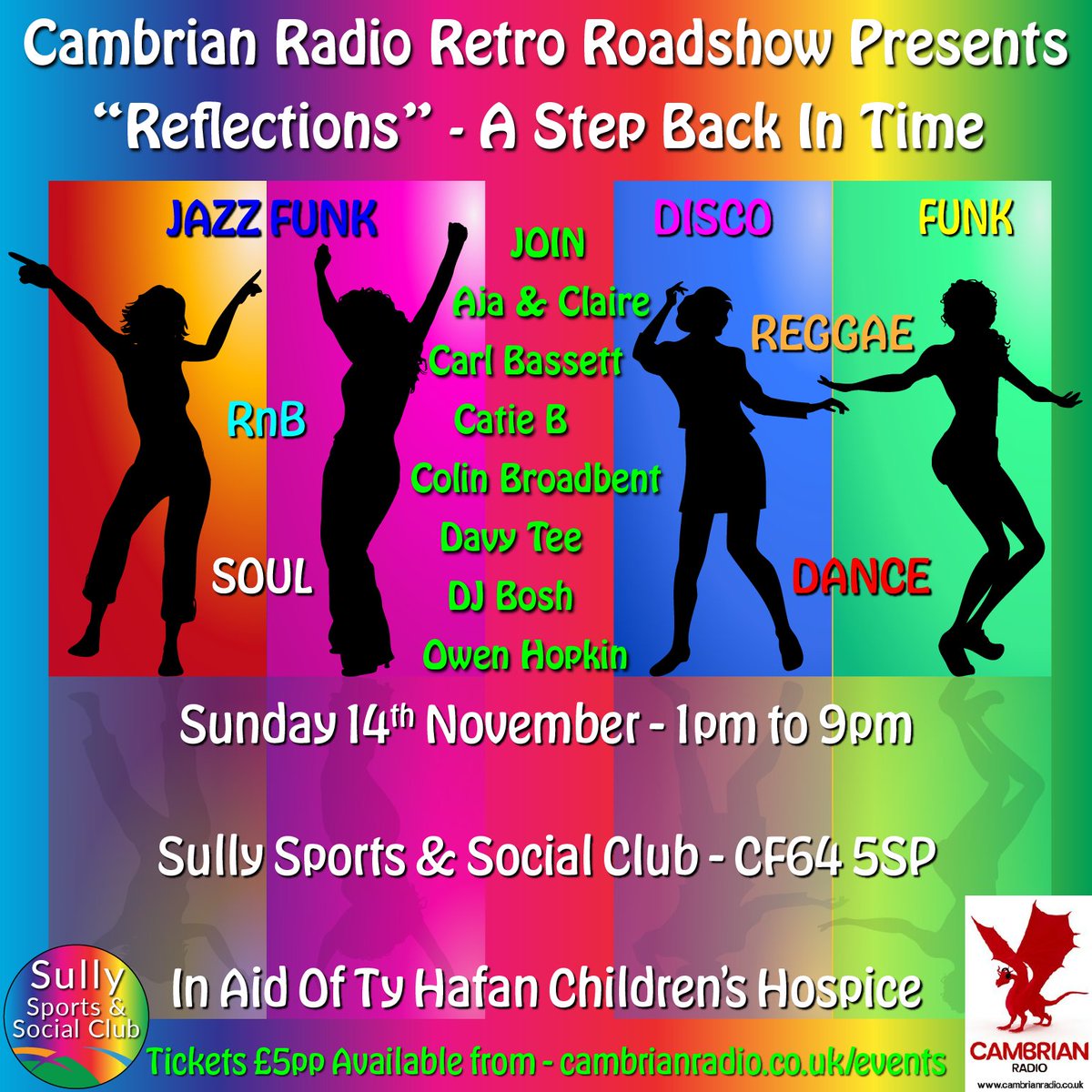 SullyClub's tweet image. Today (14 Nov) from 1 pm until 9 pm, join Cambrian Radio at Sully Sports and Social Club for an afternoon of reflections. 

A step back in time, come and "feel the beat", Retro, Soul, Funk, Disco, R&amp;amp;B, Reggae, and much more. Let's reflect on decades gone by.