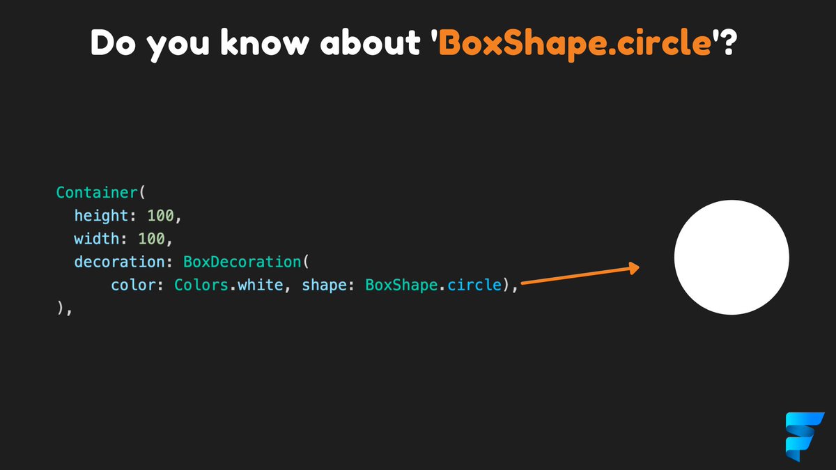 theflutterway's tweet image. Easily shape a Container as a Circle in #Flutter!!

@FlutterDev #fluttertip