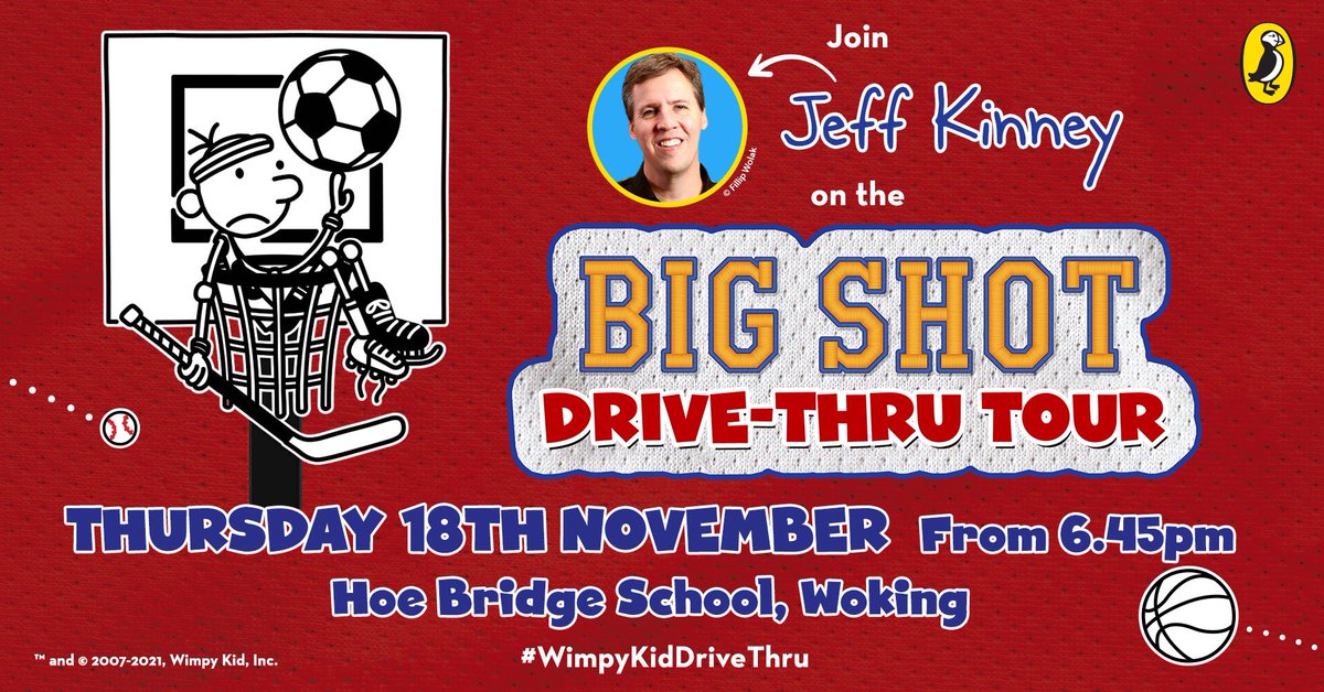 To celebrate the release of “The Diary of a Wimpy Kid: Big Shot”, author Jeff Kinney is hosting The Big Shot Drive-Thru. It’s going to be a uniquely fun and interactive experience. You won’t want to miss out! ⚽️🏑🏀 

 More info and ticket link below:
eventbrite.co.uk/e/the-diary-of…