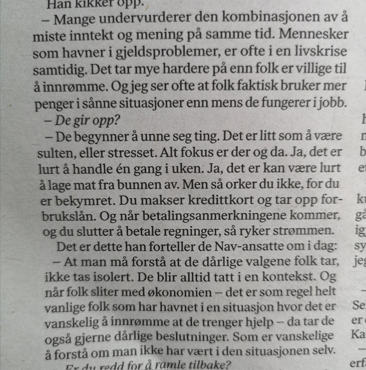 cokristiansen's tweet photo. "Mennesker som havner i gjeldsproblemer har ofte en livskrise samtidig." 

Tidl. gjeldsrådgiver i Nav forklarer dynamikken godt i DN. https://t.co/ojQmI7gbXE