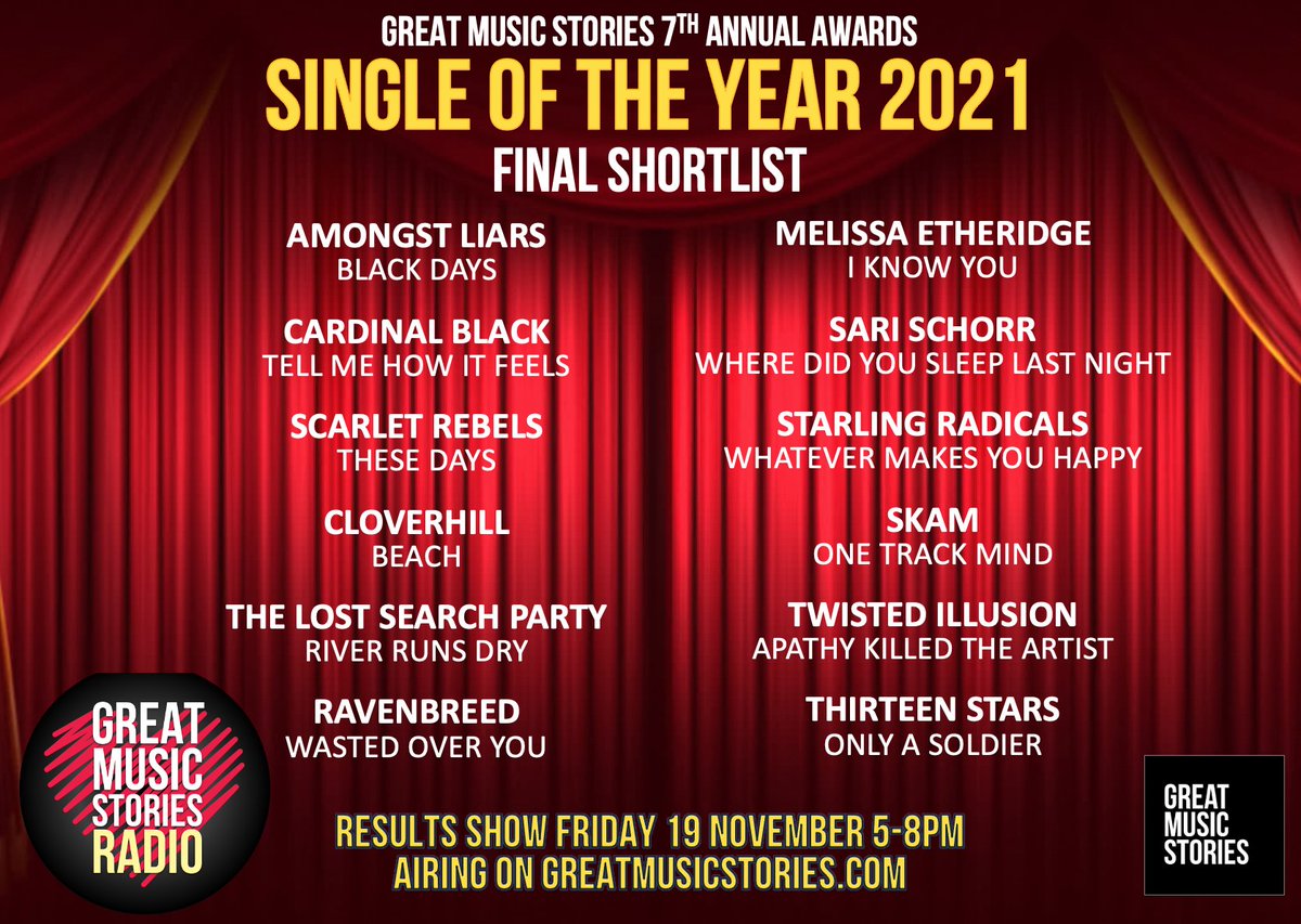 Guy B (@guyb_rockshow) on Twitter photo SINGLE OF THE YEAR.
Shortlist for the year: No vote, outcome based on listener requests over 12 months. Congrats <a href="/amongstliars/">Amongst Liars</a> <a href="/TheCardinalBlk/">Cardinal Black</a> <a href="/ScarletRebels/">Scarlet Rebels</a> <a href="/cloverhill_rock/">Cloverhill</a> <a href="/The_LSP_Rock/">The Lost Search Party</a> <a href="/ravenbreed/">Ravenbreed</a> <a href="/metheridge/">Melissa Etheridge</a> <a href="/13_Stars1/">Thirteen Stars</a> <a href="/SKAM_UK/">SKAM</a> <a href="/SariSchorr/">Sari Schorr</a> @OfficialTIband <a href="/TheStarlingRads/">The Starling Radicals</a> SINGLE OF THE YEAR.
Shortlist for the year: No vote, outcome based on listener requests over 12 months. Congrats <a href="/amongstliars/">Amongst Liars</a> <a href="/TheCardinalBlk/">Cardinal Black</a> <a href="/ScarletRebels/">Scarlet Rebels</a> <a href="/cloverhill_rock/">Cloverhill</a> <a href="/The_LSP_Rock/">The Lost Search Party</a> <a href="/ravenbreed/">Ravenbreed</a> <a href="/metheridge/">Melissa Etheridge</a> <a href="/13_Stars1/">Thirteen Stars</a> <a href="/SKAM_UK/">SKAM</a> <a href="/SariSchorr/">Sari Schorr</a> @OfficialTIband <a href="/TheStarlingRads/">The Starling Radicals</a>