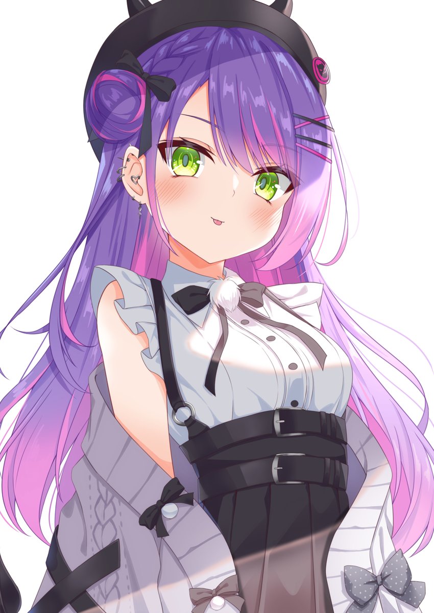 tokoyami towa 1girl solo green eyes purple hair long hair piercing horned headwear  illustration images