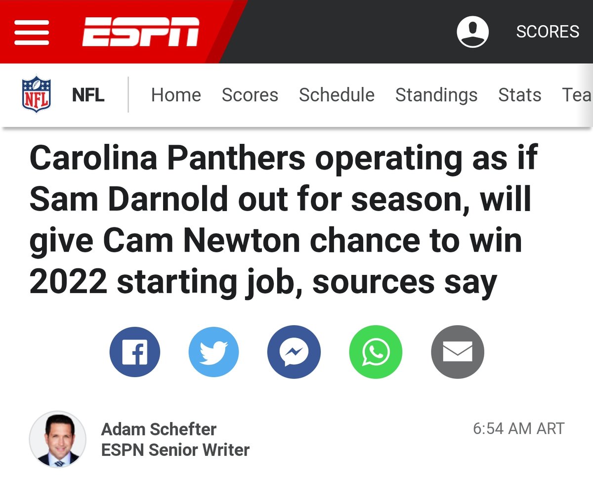Adam Schefter:

- "Carolina Panthers operating as if Sam Darnold will be out for the season while giving Cam Newton a chance to win the 2022 starting job, per sources"
