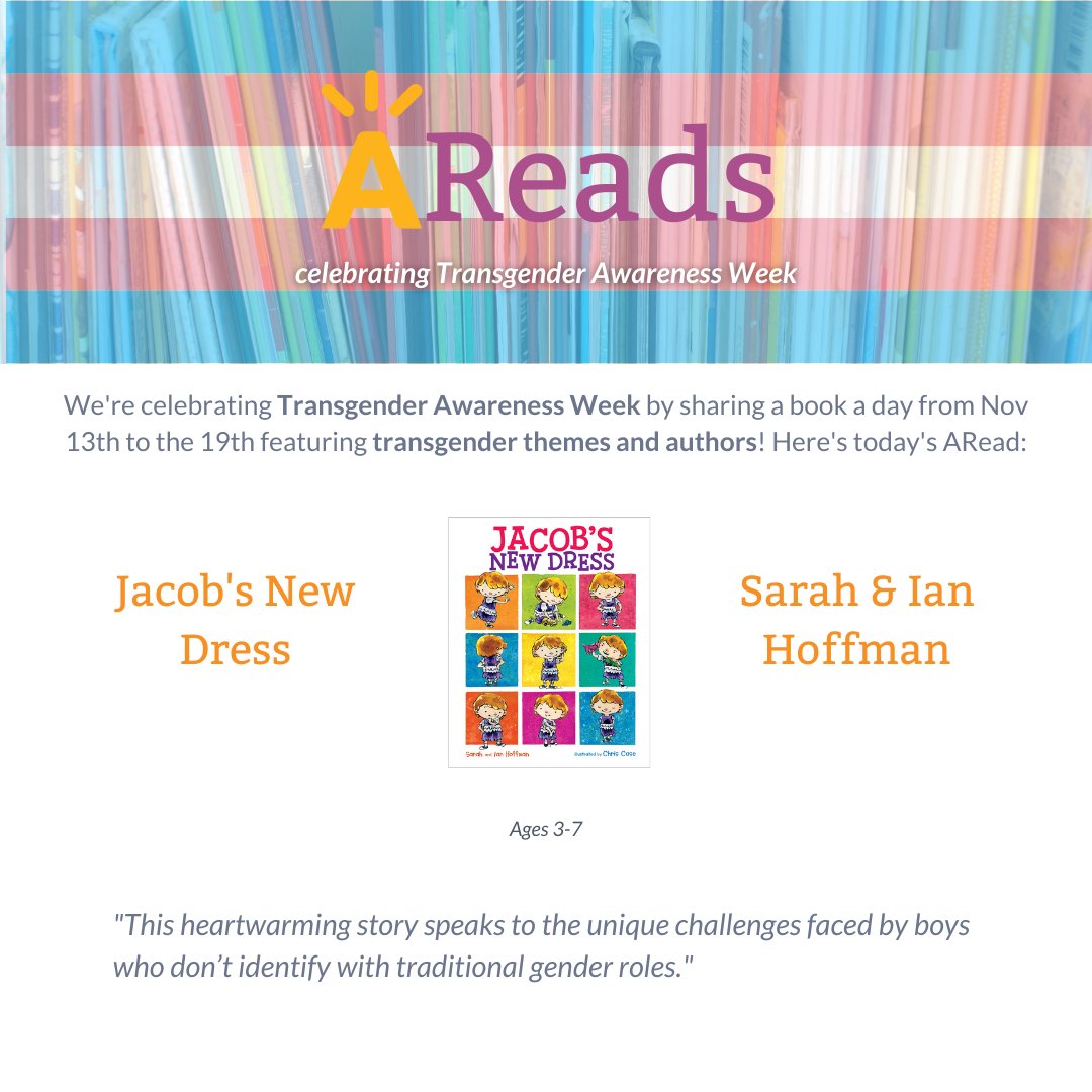 AchievementNet's tweet photo. This week, we're celebrating Transgender Awareness Week by sharing a book a day featuring transgender themes and authors! Here's today's ARead, Jacob's New Dress by Sarah & Ian Hoffman.
#LearningTogether #ANetIsMovingTheNeedle #AReads #TransgenderAwarenessWeek https://t.co/xvQzRPoWNO