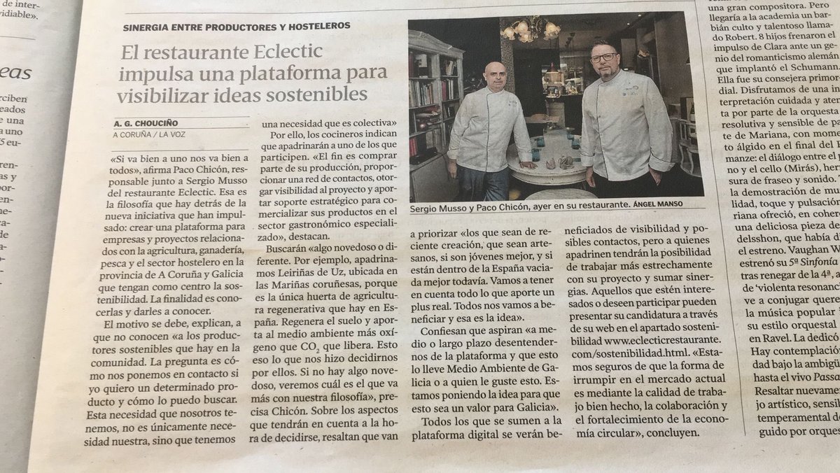 Si quieres formar parte de una plataforma que pone en contacto bienes y servicios sostenibles y necesidades de restauradores súmate eclecticrestaurante.com/sostenibilidad…  Gracias a <a href="/lavozdegalicia/">La Voz de Galicia</a>