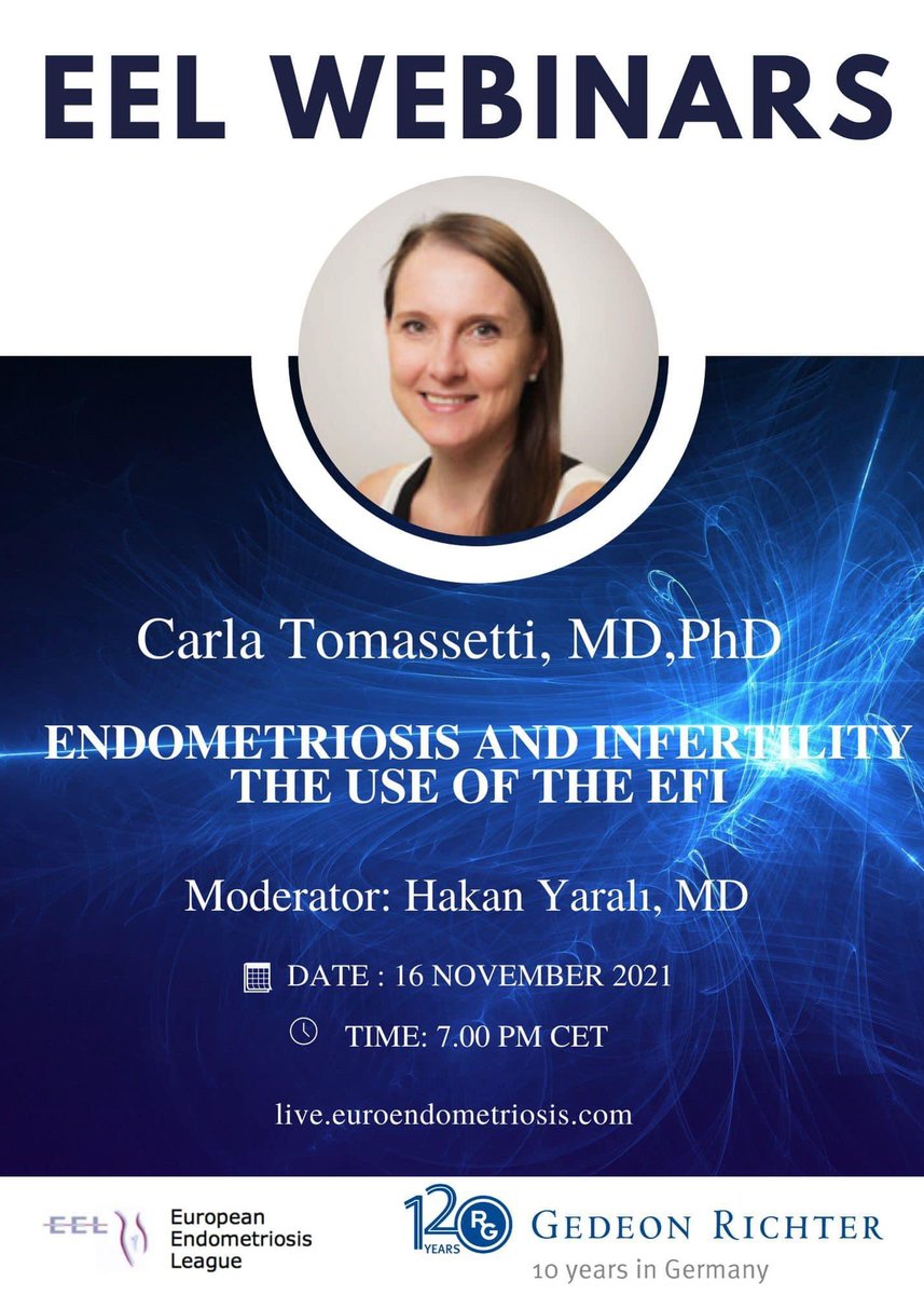 The next EEL Webinar, ‘Endometriosis and Infertility- The Use of EFI’ by Carla Tomassetti, MD, PhD., will be on 🗓16 Novemer 2021 ⏰ 7.00 pm CET. Hakan Yarali, MD will moderate the webinar. You can register via the link below👇🏻 live.euroendometriosis.com