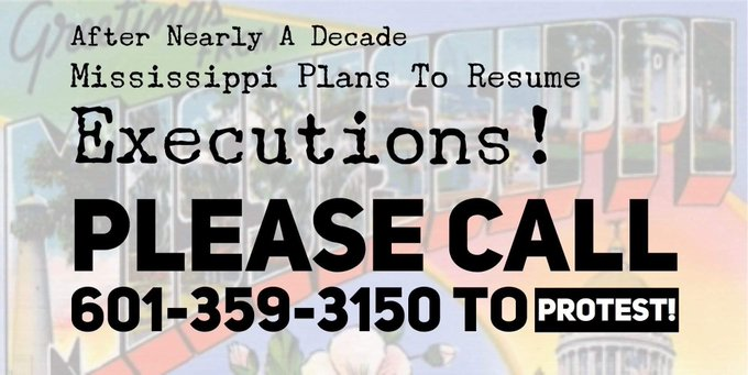 KarineOmry's tweet photo. The world needs to know that in only 3 days the state of #Mississippi plans to resume its executions after almost a decade, refusing to say how they obtained their lethal injection drugs! Pls call/tweet Gov @tatereeves
#StopExecutions #SaveDavidCox
@ACLU_MS https://t.co/YQgQQJ9vRt